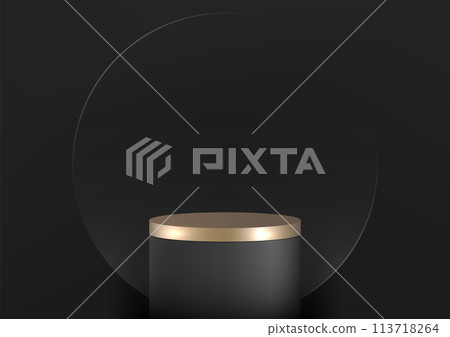 3D black cylinder podium with a gold top sits on a black platform against a black background, Luxury concept, product display, mockup, showroom, showcase 113718264