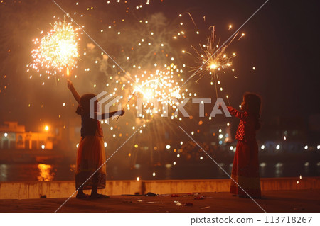 Vishu holiday concept - Children and families enjoying firework Vishu holiday concept - Children and families enjoying firework 113718267