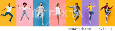 Energetic Group of Young Adults Jumping Against Vibrant Colorful Backgrounds 113718285
