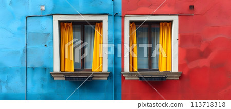 A minimalist illustration of window on the exterior of a building and a wall that plays with bold color contrast. between yellow blue and red Suitable for attracting attention, Communicate a message. 113718318