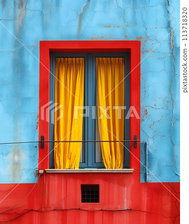 A minimalist illustration of window on the exterior of a building and a wall that plays with bold color contrast. between yellow blue and red Suitable for attracting attention, Communicate a message. 113718320