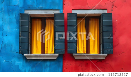A minimalist illustration of window on the exterior of a building and a wall that plays with bold color contrast. between yellow blue and red Suitable for attracting attention, Communicate a message. A minimalist illustration of window on the exterior of a building and a wall that plays with bold color contrast. between yellow blue and red Suitable for attracting attention, Communicate a message. 113718327