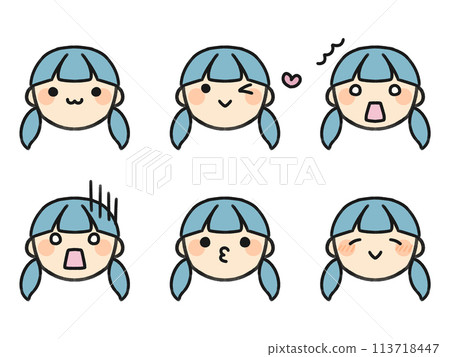 Pigtails and various facial expressions set 113718447