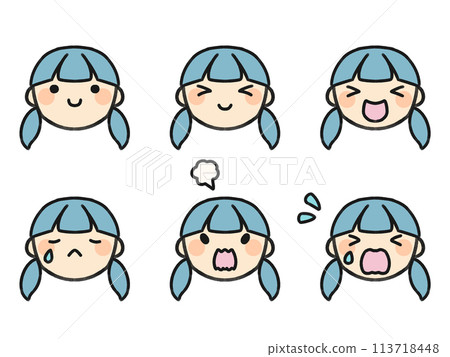 Pigtails and various facial expressions set 113718448