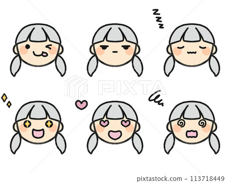 Pigtails and various facial expressions set 113718449