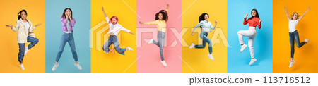 Set of positive multiethnic women jumping over colorful studio backgrounds 113718512