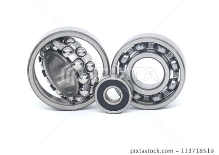 Bearings of varying sizes and types isolated on white background Bearings of varying sizes and types isolated on white background 113718519