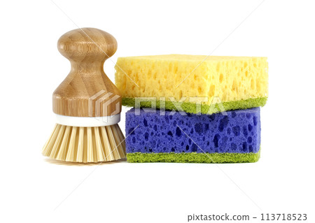 Collection of cleaning tools arranged on white background Collection of cleaning tools arranged on white background 113718523