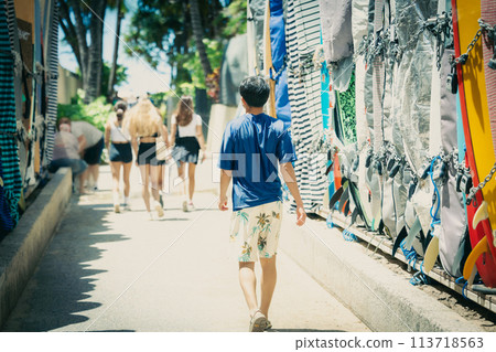 Surfboard path leading to Waikiki Beach, Hawaii 113718563