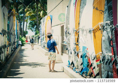 Surfboard path leading to Waikiki Beach, Hawaii 113718569