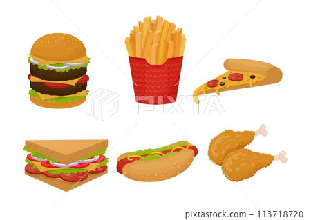 Set of fast food icon, objects. Colorful detailed collection of meal isolated on white background in cartoon flat style. 113718720