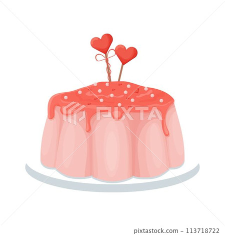 Pink tasty glazed pudding, confectionery dessert, holiday menu isolated on white background. Single clipart, design element with heart shape decoration. Pink tasty glazed pudding, confectionery dessert, holiday menu isolated on white background. Single clipart, design element with heart shape decoration. 113718722