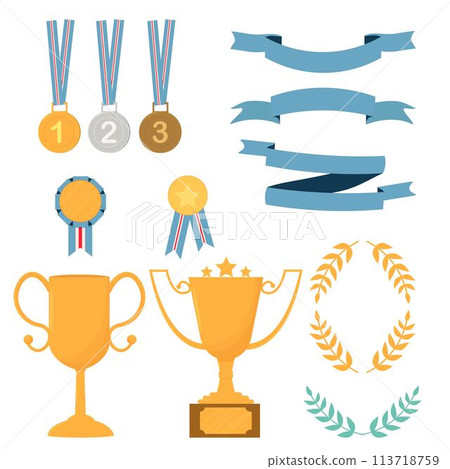 Set of champion trophy golden cups medals isolated Set of champion trophy golden cups medals isolated 113718759