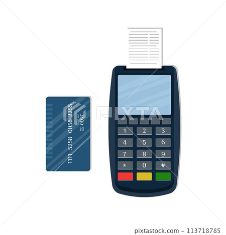 Payment terminal with paper check and plastic bank card. POS terminal for payment. Card reader machine. Isolated on background. 113718785