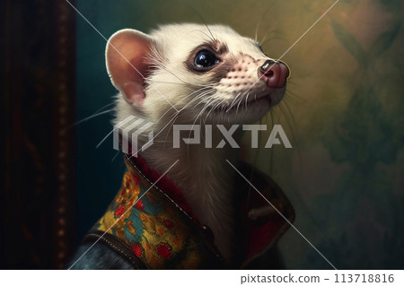 Ferret animal portrait.Furry Curiosity: Playful Ferret Frolic. 113718816