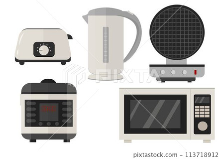 Slow cooker, electric kettle, toaster, microwave, waffle iron set in vector design. Graphic illustration of kitchen equipment in grey colours isolated on white background. 113718912