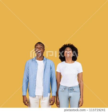 Amazed African American man and woman in casual attire look upwards with open-mouthed Amazed African American man and woman in casual attire look upwards with open-mouthed 113719241