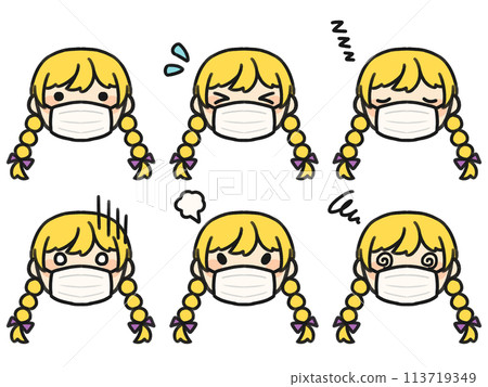 A set of braided hair wearing a mask and various facial expressions 113719349