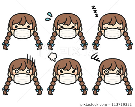 A set of braided hair wearing a mask and various facial expressions A set of braided hair wearing a mask and various facial expressions 113719351
