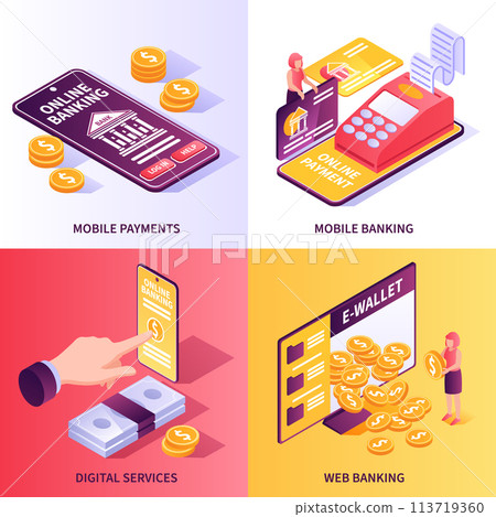 Isometric mobile and digital banking services collection 113719360