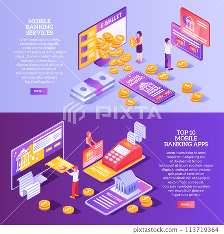 Isometric mobile and digital banking services horizontal banner template set 113719364