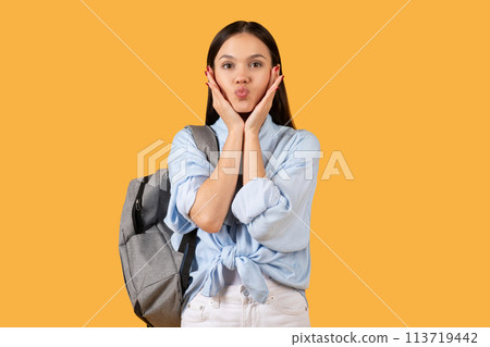 Woman holding cheeks with a surprised look 113719442