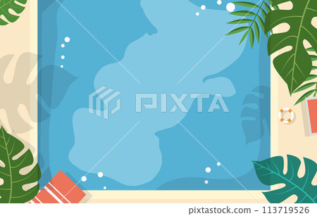 Top View of Swimming Pool Frame Background in Summer Holiday with Leaves and Copy Space 113719526