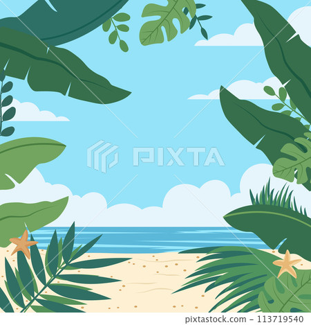 Summer Beach Frame Background with Tropical Leaf Plant and Copy Space 113719540