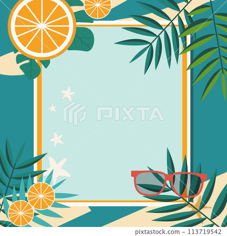 Summer Line Frame Background with Tropical Leaf Orange and Copy Space Summer Line Frame Background with Tropical Leaf Orange and Copy Space 113719542