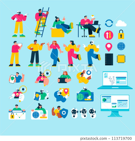 Flat hand drawn data technology elements collection with people and cloud computing elements 113719700