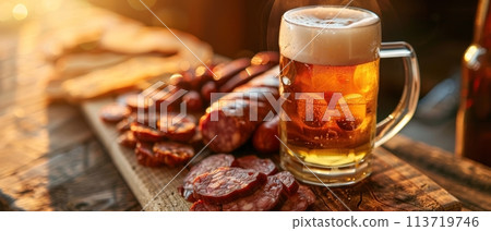 A frothy beer mug alongside a variety of grilled sausages and meats on a rustic wooden board, illuminated by warm sunset light. 113719746