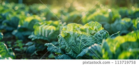 Soft light of dawn casts a luminous glow over a garden of robust cabbage heads, highlighting their intricate leaf patterns. Soft light of dawn casts a luminous glow over a garden of robust cabbage heads, highlighting their intricate leaf patterns. 113719758