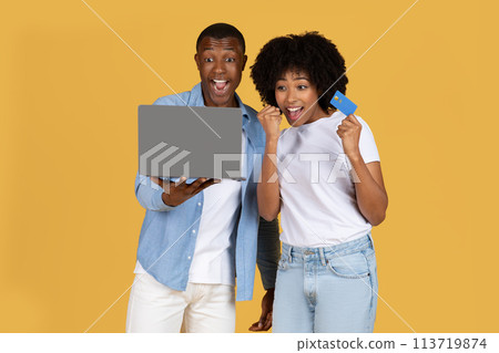 Excited African American couple holding a laptop and credit card, joyful over an online deal or winning offer 113719874