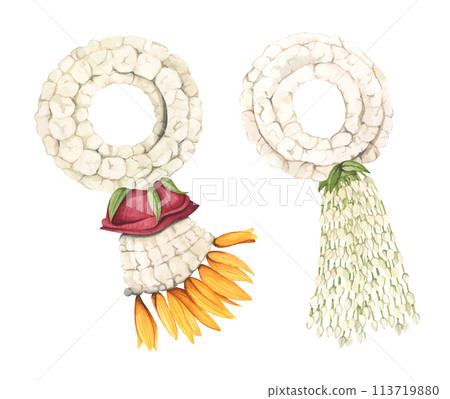 Set of Thai garland colorful flower. Watercolor illustration. Set of Thai garland colorful flower. Watercolor illustration. 113719880