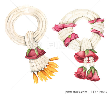 Set of Thai garland colorful flower. Watercolor illustration. 113719887