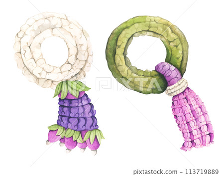 Set of Thai garland colorful flower. Watercolor illustration. Set of Thai garland colorful flower. Watercolor illustration. 113719889