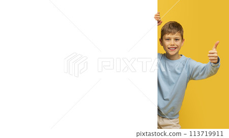 Young boy giving thumbs up with copy space Young boy giving thumbs up with copy space 113719911