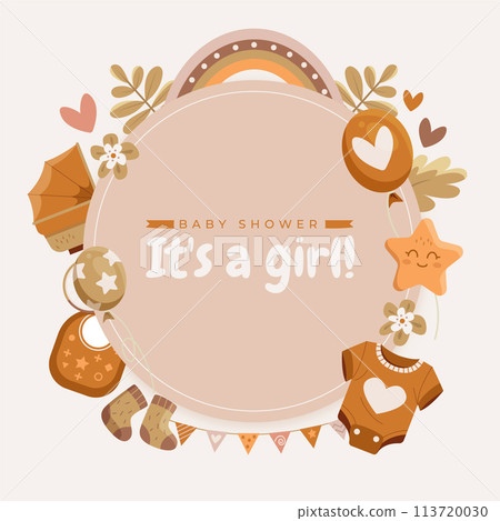 Hand drawn flat baby shower round frame background for a girl with baby elements 113720030