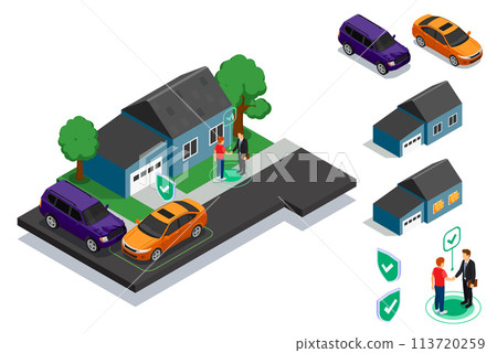 Isometric insurance icon illustrations set with home and transport elements 113720259