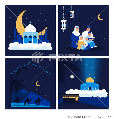 Hand drawn flat Isra Miraj cards collection with muslim people and night scenes 113720266