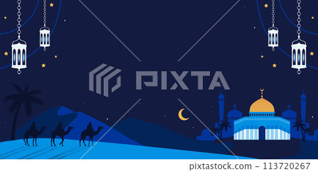 Hand drawn flat Isra Miraj background with arab elements and blank space Hand drawn flat Isra Miraj background with arab elements and blank space 113720267