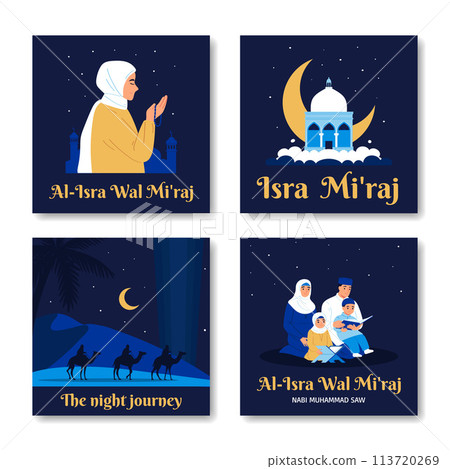Hand drawn flat Isra Miraj cards collection with muslim people and night scenes 113720269
