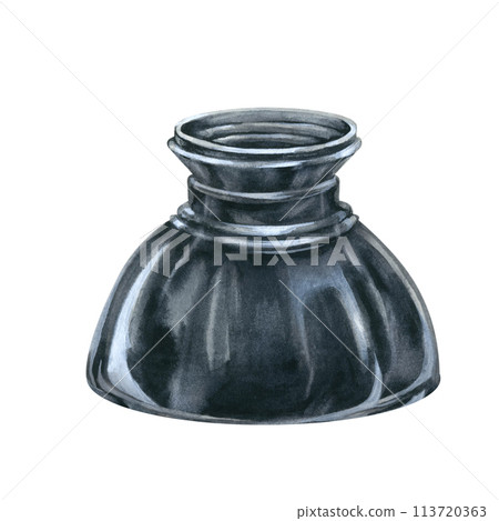 Vintage inkwell from an antique writing set. Watercolor illustration for design templates for invitation, poster, card for Book Day, Teacher's Day, schools, antique shops, libraries, calligraphers 113720363
