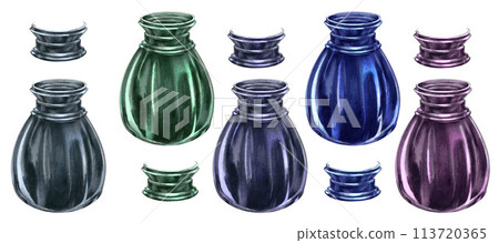 Vintage inkwell from an antique writing set. Watercolor illustration for design templates for invitation, poster, card for Book Day, Teacher's Day, schools, antique shops, libraries, calligraphers 113720365