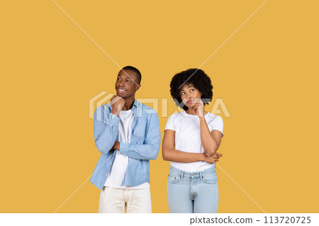 Two young African American individuals lean on their hands with thoughtful expressions Two young African American individuals lean on their hands with thoughtful expressions 113720725