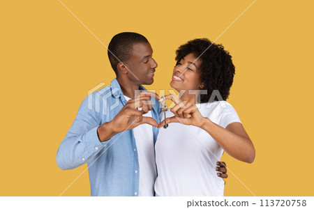 Loving African American couple creating a heart shape with their hands around a house key Loving African American couple creating a heart shape with their hands around a house key 113720758
