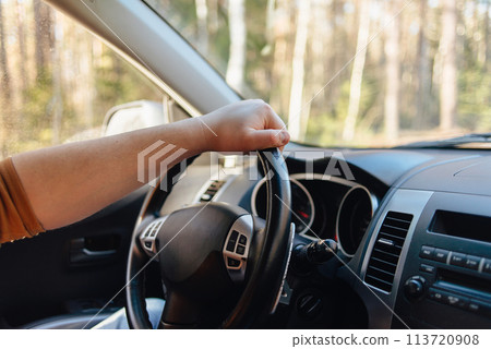 view from the car to the road, blurred nature, travel concept 113720908