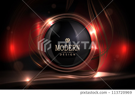 Illustration with a round copper frame and a curved ribbon on a black,red design Illustration with a round copper frame and a curved ribbon on a black,red design 113720969