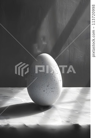 Black and white image of an egg with long geometric shadows can convey artistic and photography concepts such as simplicity, balance, abstract art, emphasis on details, playing with light and shadow. 113720998