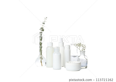 PNG, Cosmetics with chemical test tubes and flowers, isolated on white background 113721162